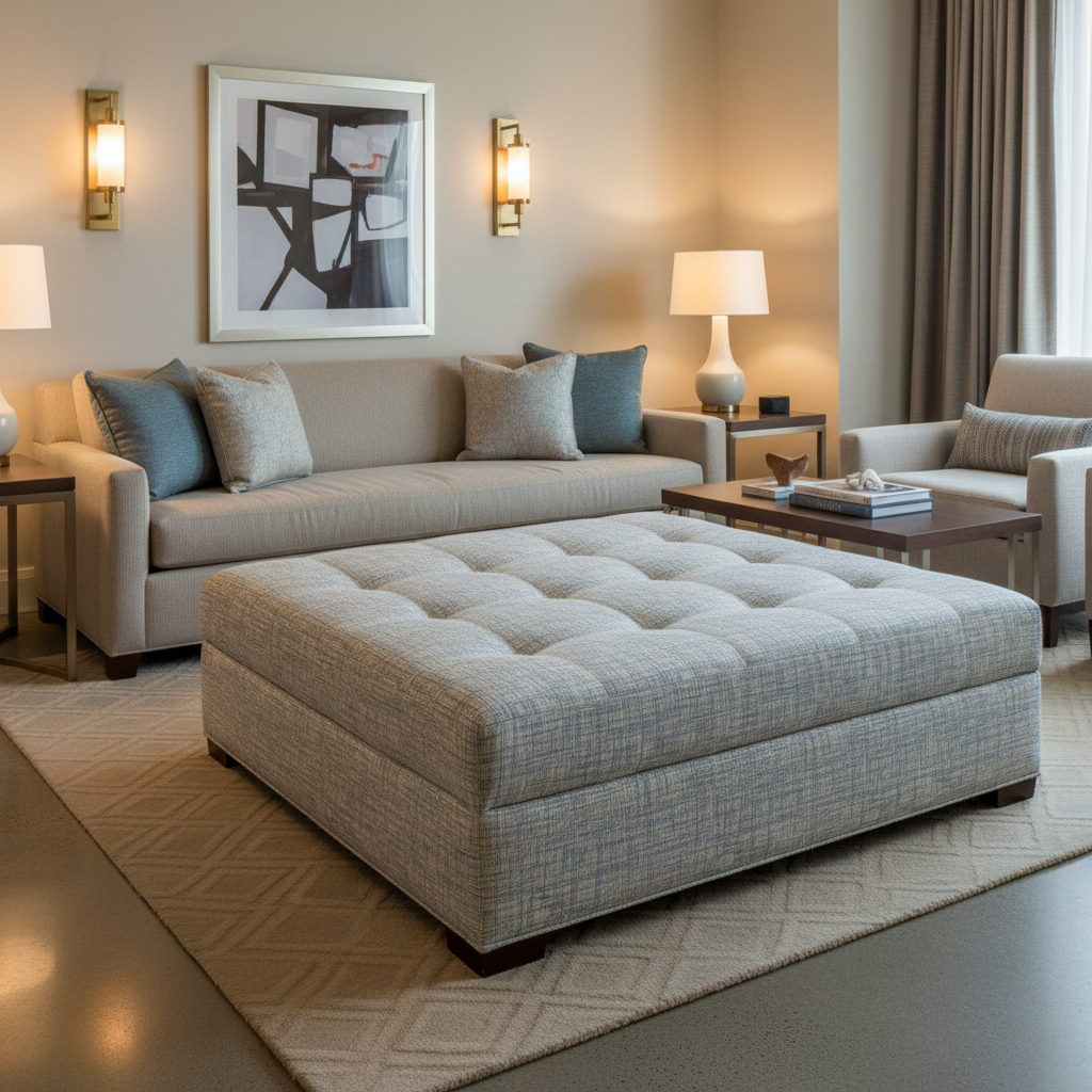 Woven Linear Texture Pale Denim Upholstered Ottoman | Architectural Fabrics