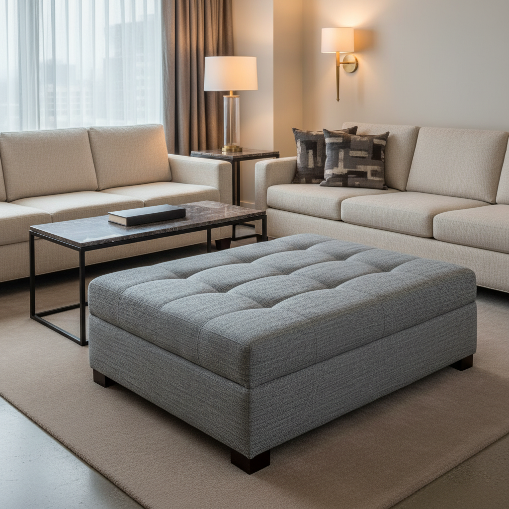 Woven Textured Fabric Cool Gray Upholstered Ottoman | Architectural Fabrics