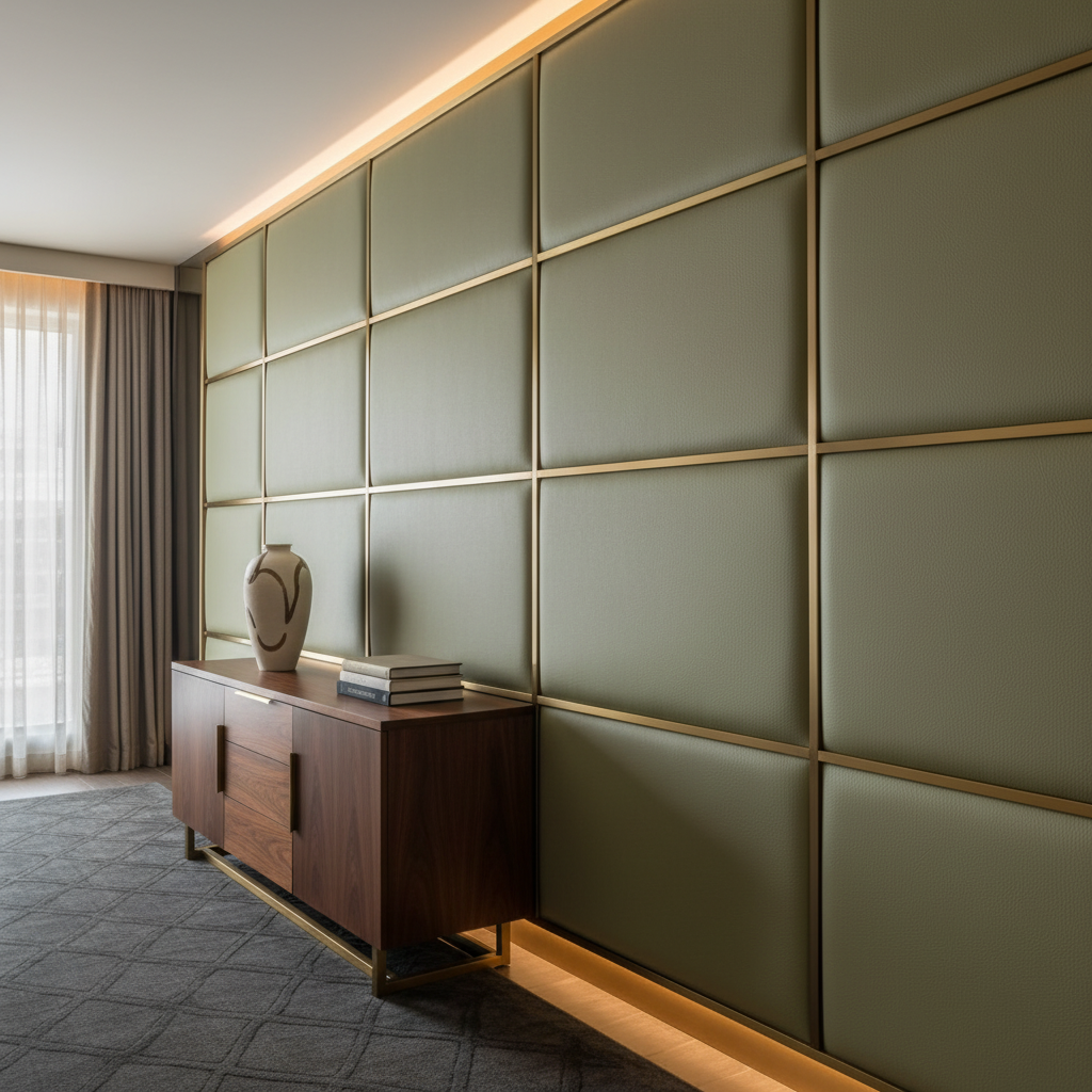 Smooth Pebble Grain Dusty Olive Upholstered Wall Panel | Architectural Fabrics