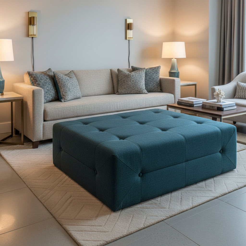 Subtle Textured Solid Deep Teal Upholstered Ottoman | Architectural Fabrics