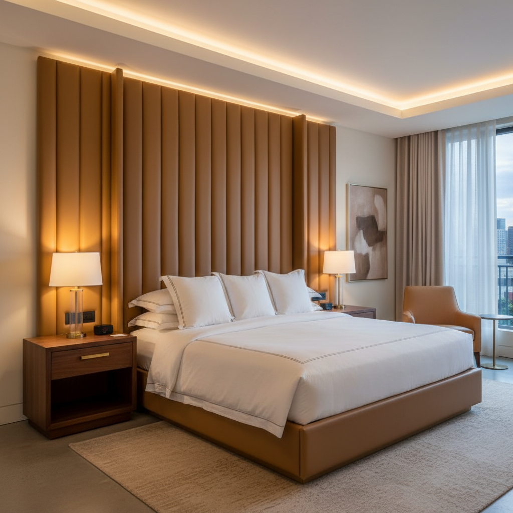 Smooth Leather Grain Caramel Tan Upholstered Headboard | Architectural Fabrics