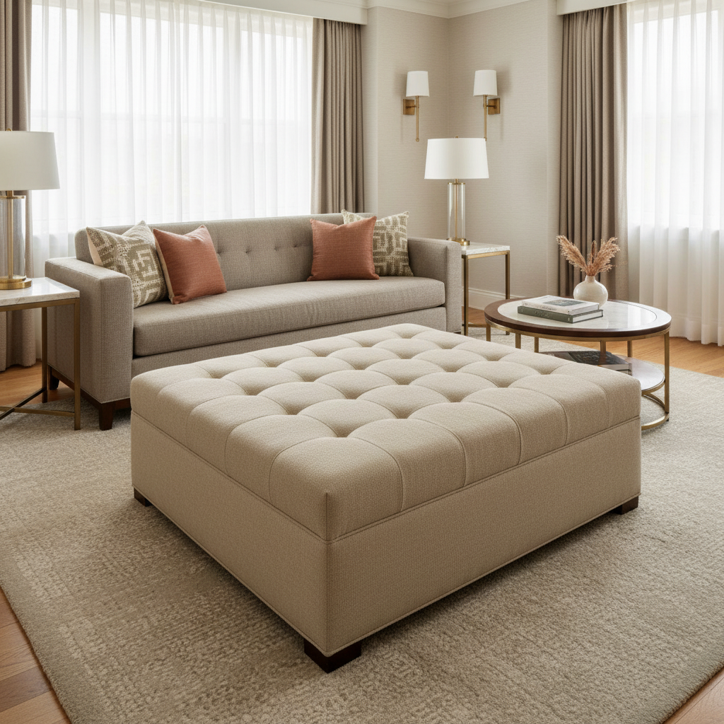 Subtle Pebble Grain Soft Sand Upholstered Ottoman | Architectural Fabrics