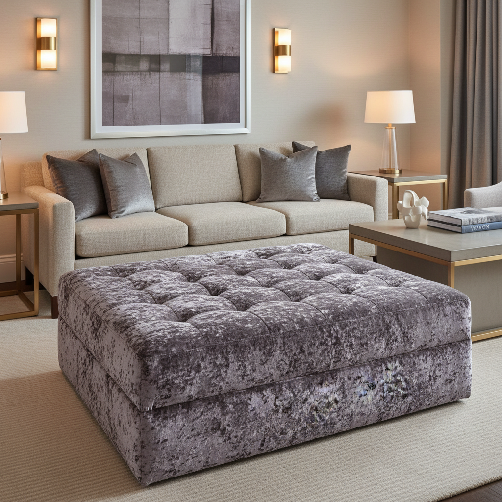 Crushed Velvet Texture Amethyst Smoke Upholstered Ottoman | Architectural Fabrics