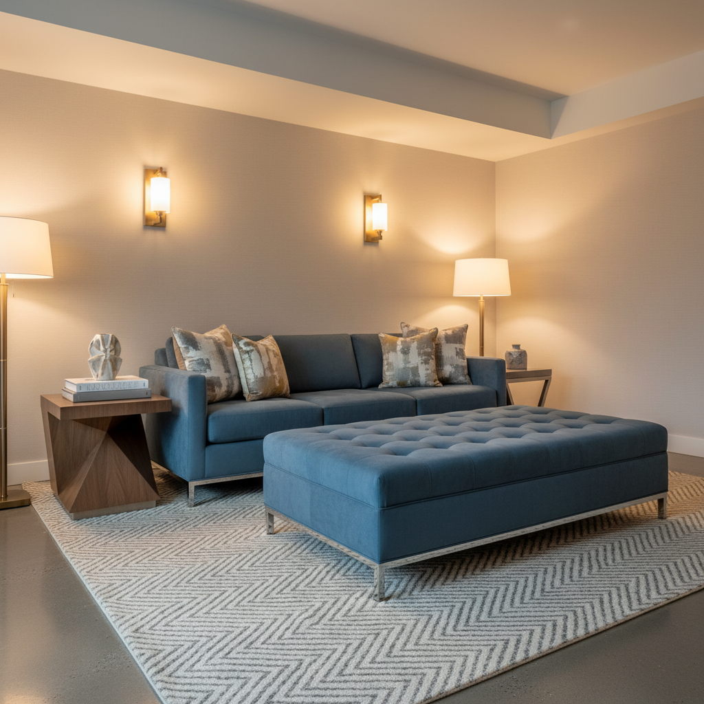 Ultrasuede Steel Blue Upholstered Ottoman | Ultrasuede Upholstery