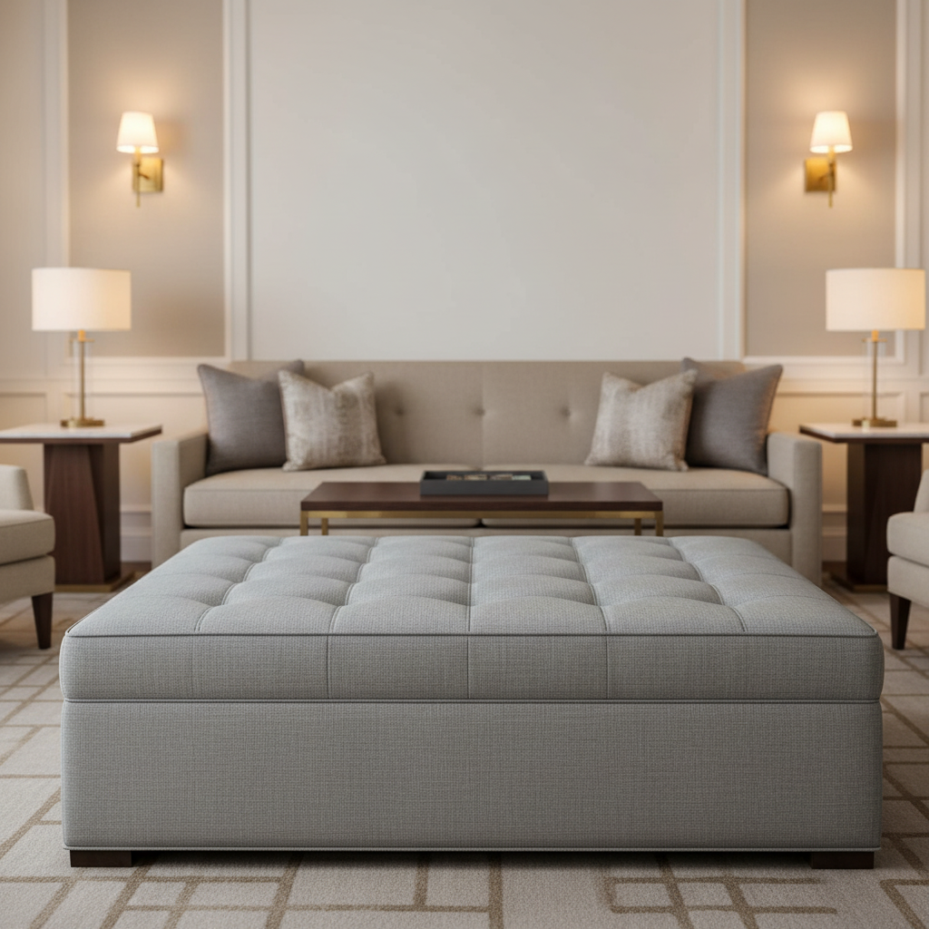 Subtle Woven Texture Cool Silver Upholstered Ottoman | Architectural Fabrics