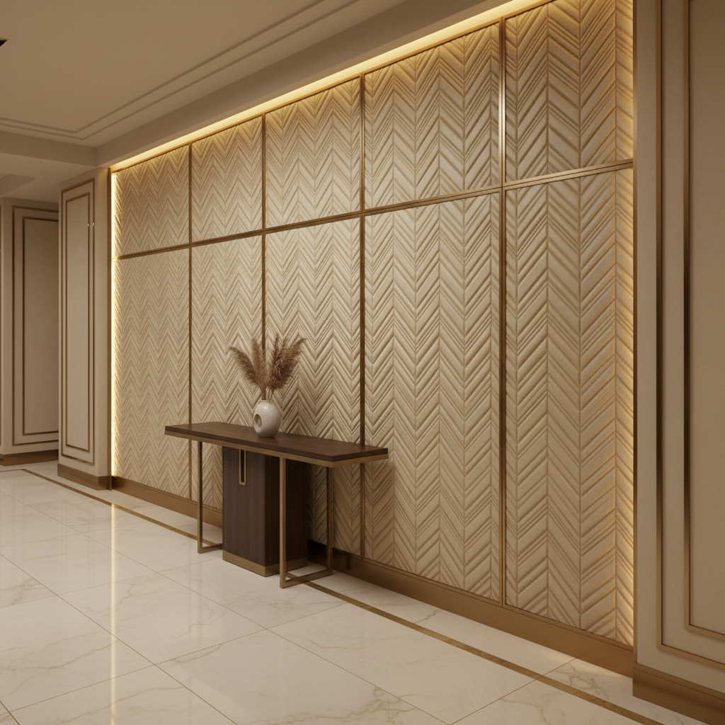 Channel Stitched Chevron Pale Gold Upholstered Wall Panel | Architectural Fabrics