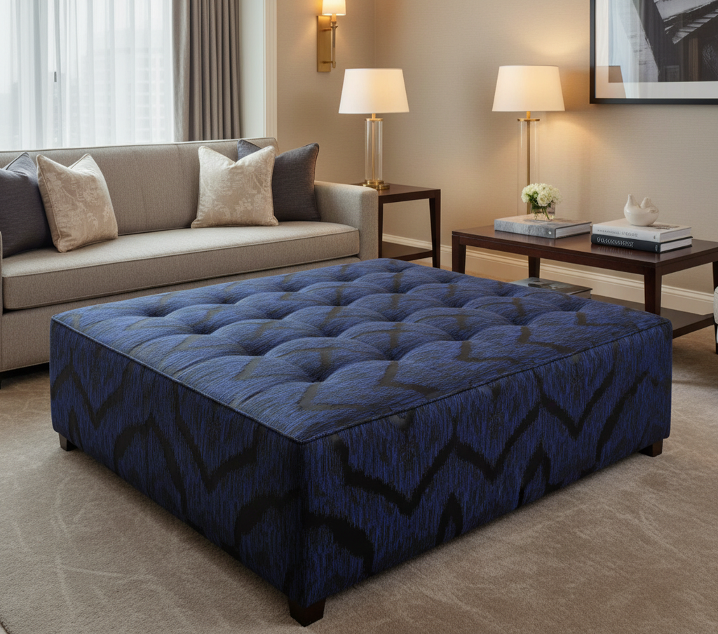BARRYMORE - Midnight Indigo Decorative Sheer Upholstered Ottoman | Architectural Fabrics