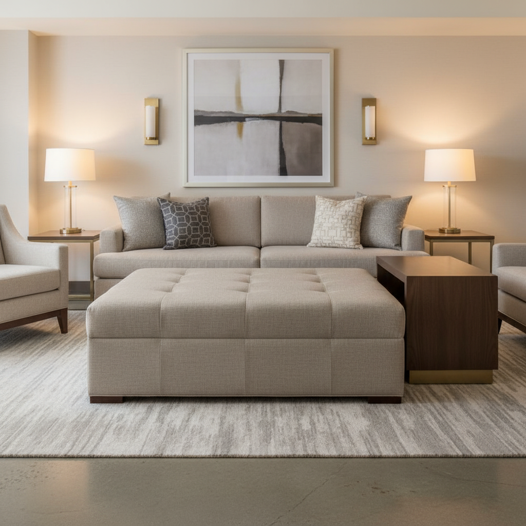 Brushed Linen Weave Soft Taupe Upholstered Ottoman | Architectural Fabrics