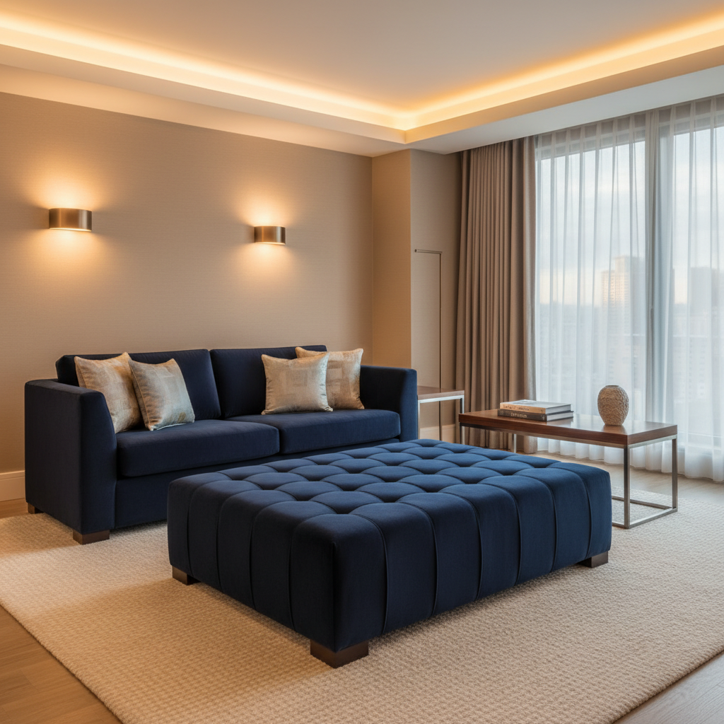 Clarksville Indigo Upholstered Ottoman | Architectural Fabrics