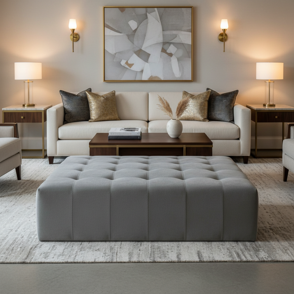 Ultrasuede  Stone Grey Upholstered Ottoman | Ultrasuede Upholstery