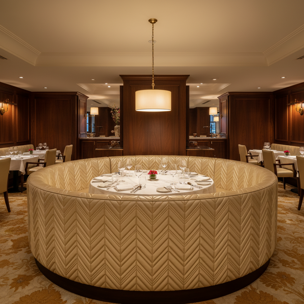 Channel Stitched Chevron Pale Gold Upholstered Banquette | Architectural Fabrics