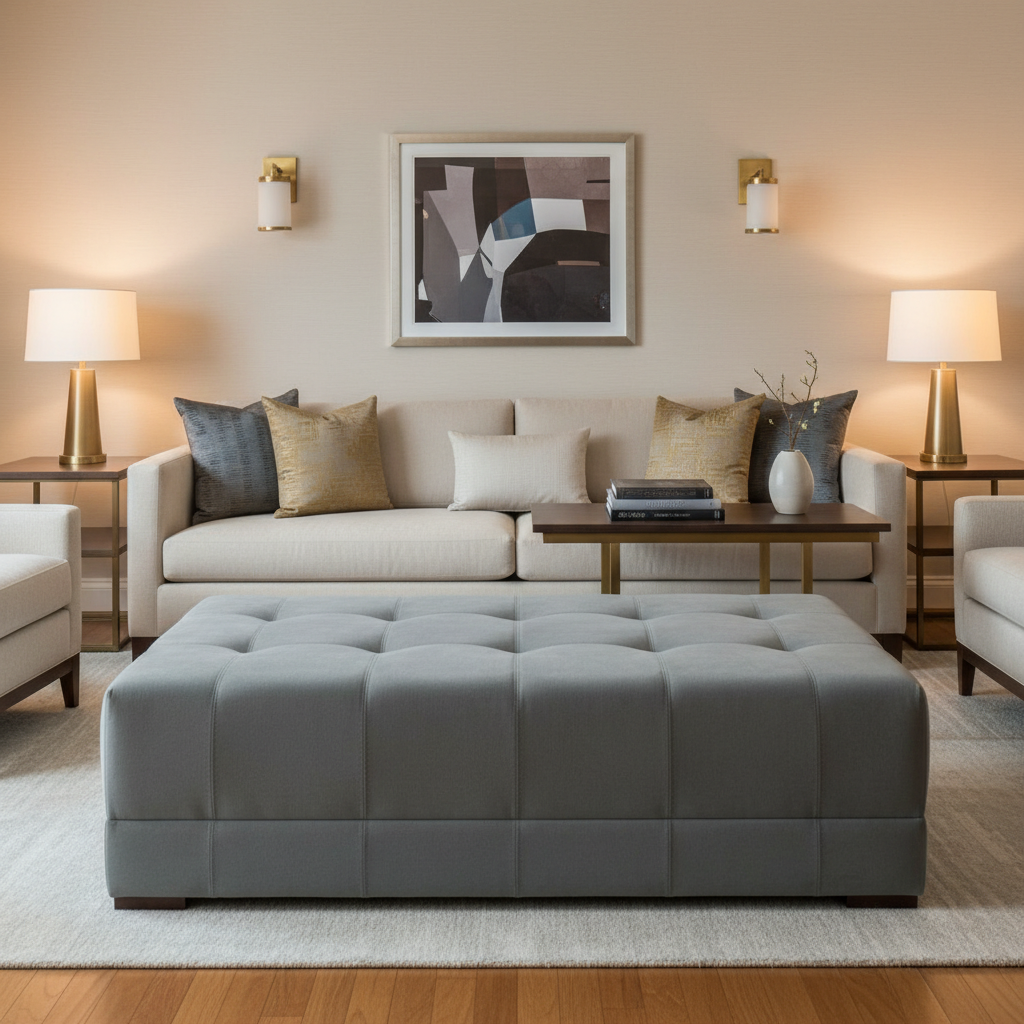 Ultrasuede  Fog  Grey Upholstered Ottoman | Ultrasuede Upholstery