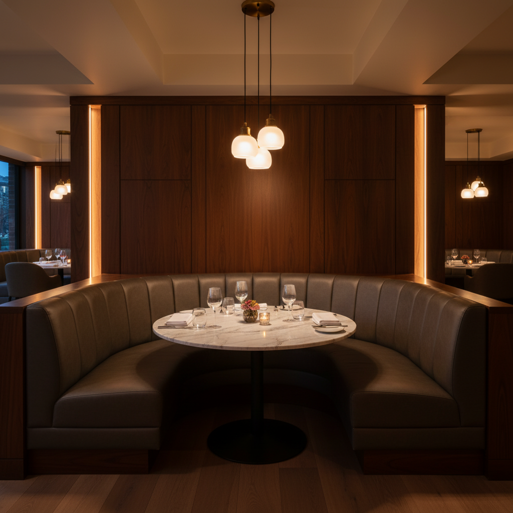 Fine Pebble Grain Dark Taupe Upholstered Banquette | Architectural Fabrics