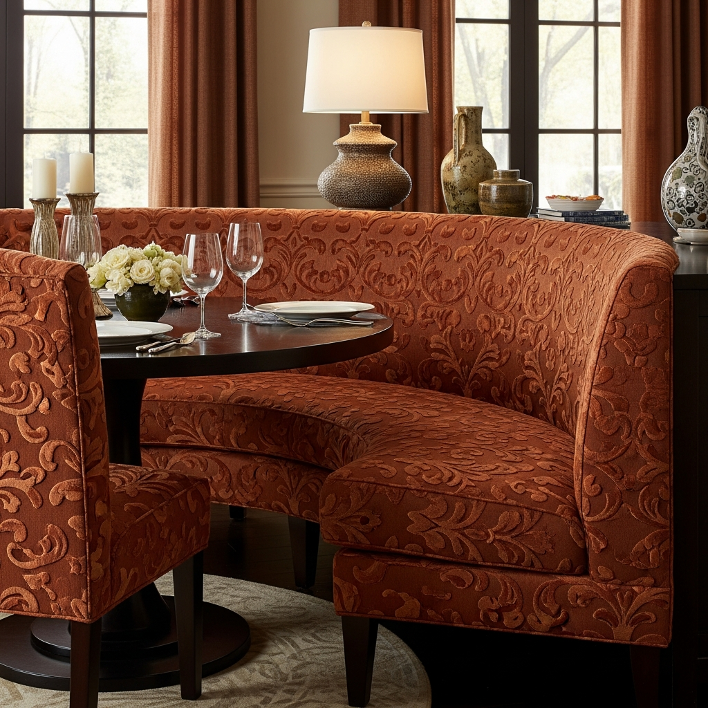 Embossed Floral Scroll Rustic Sienna Upholstered Banquette | Architectural Fabrics