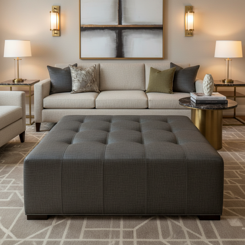Fine Linen Weave Dark Graphite Upholstered Ottoman | Architectural Fabrics