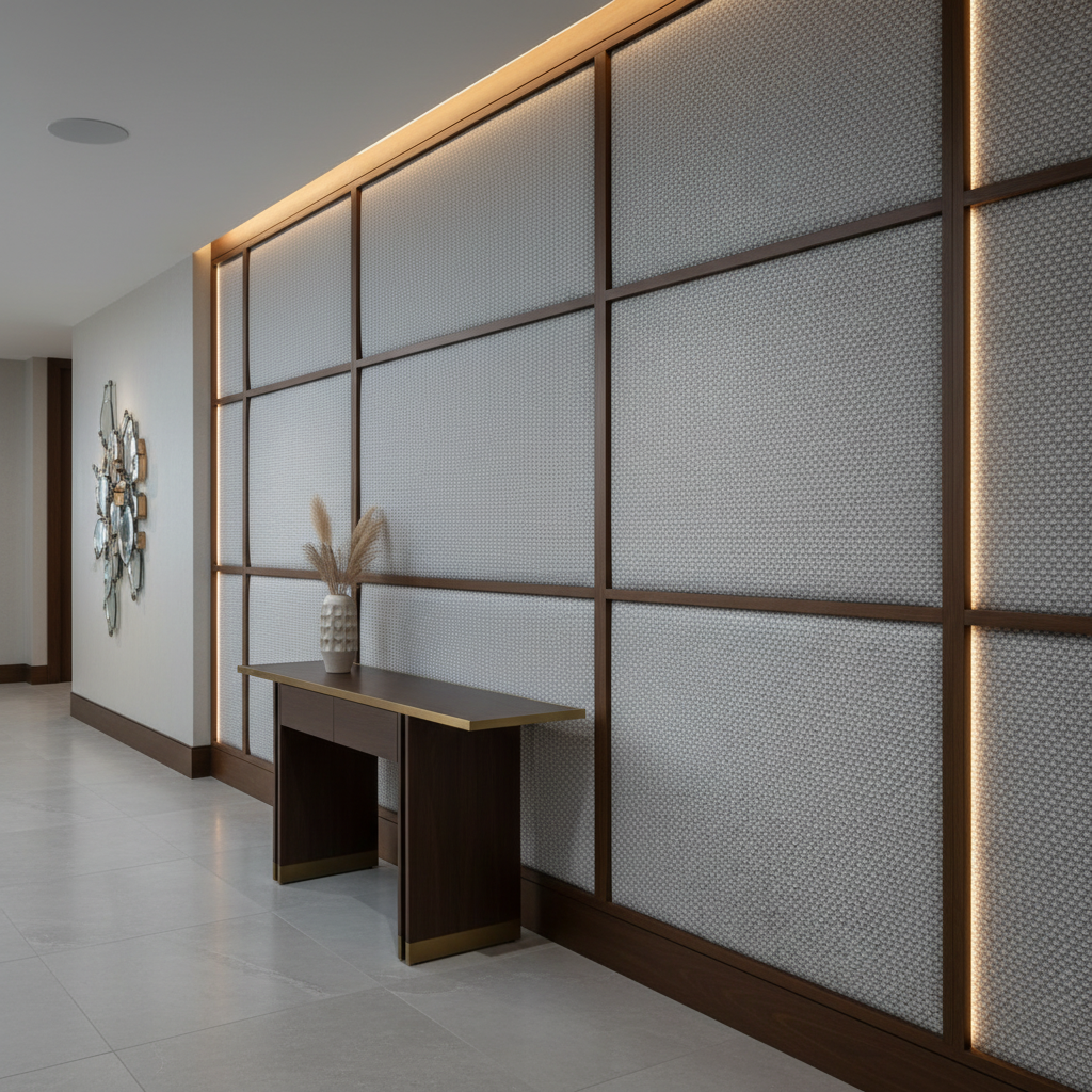 Geometric Woven Texture Silver Mist Upholstered Wall Panel | Architectural Fabrics