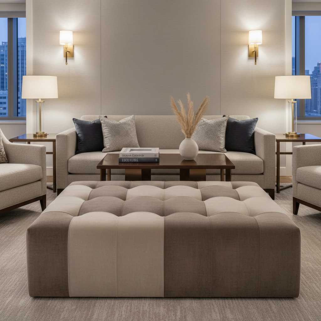 Monterey Mercury Transitional Taupe & Ecru Upholstered Ottoman | Architectural Fabrics