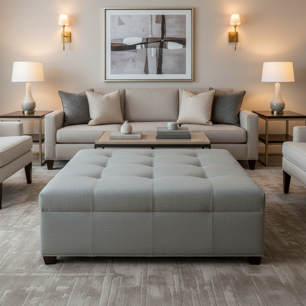 Subtle Textured Grain Soft Gray Upholstered Ottoman | Architectural Fabrics