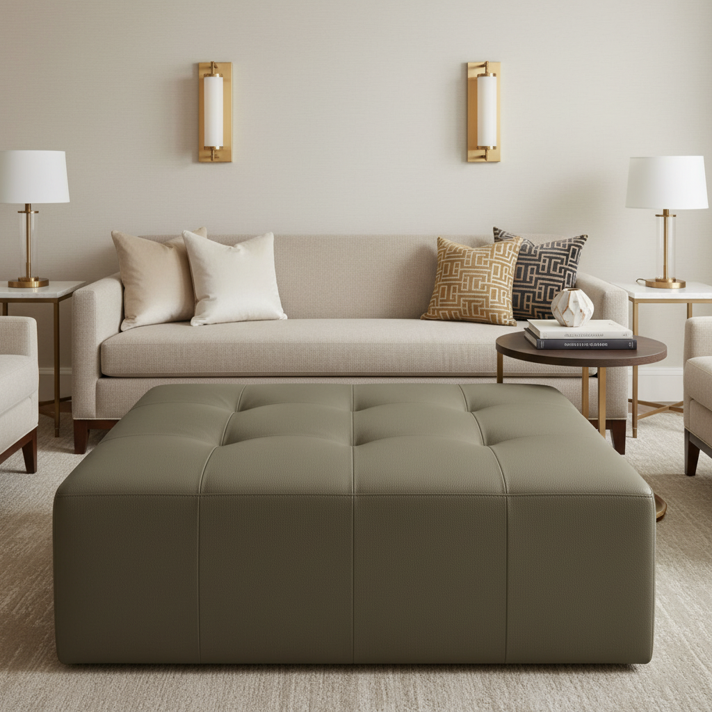 Fine Pebble Grain Muted Olive Upholstered Ottoman | Architectural Fabrics