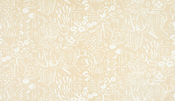 Bonaire II Custom Beige on White Screen Printed Fabric | China Seas