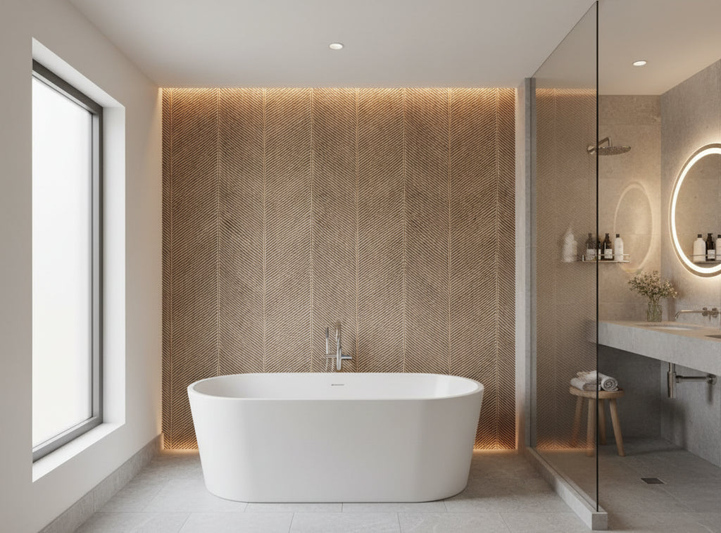 Bella Calabria Mica Chevron Herringbone | Phillipe Romano - bathroom room setting