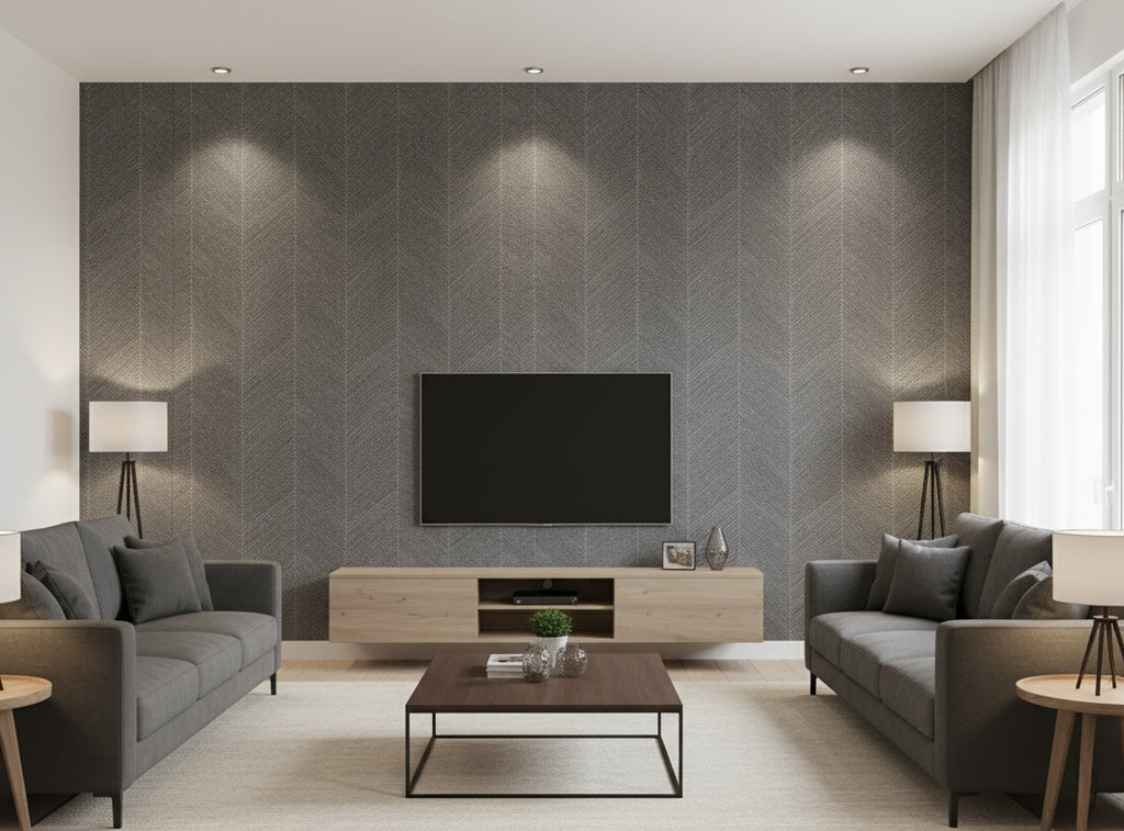 Bella Calabria Mica Chevron Herringbone | Phillipe Romano - living room room setting