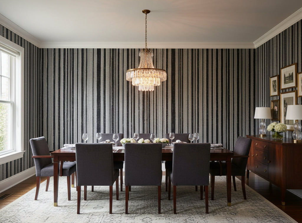 Bella Catania Chenille Fabric Stripe | Phillipe Romano - dining room room setting