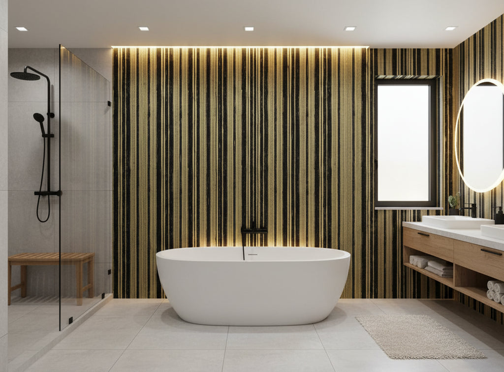 Bella Catania Chenille Fabric Stripe | Phillipe Romano - bathroom room setting