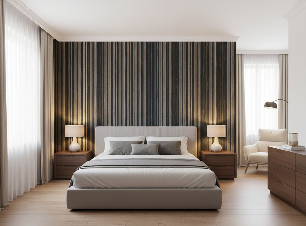 Bella Catania Chenille Fabric Stripe | Phillipe Romano - bedroom room setting