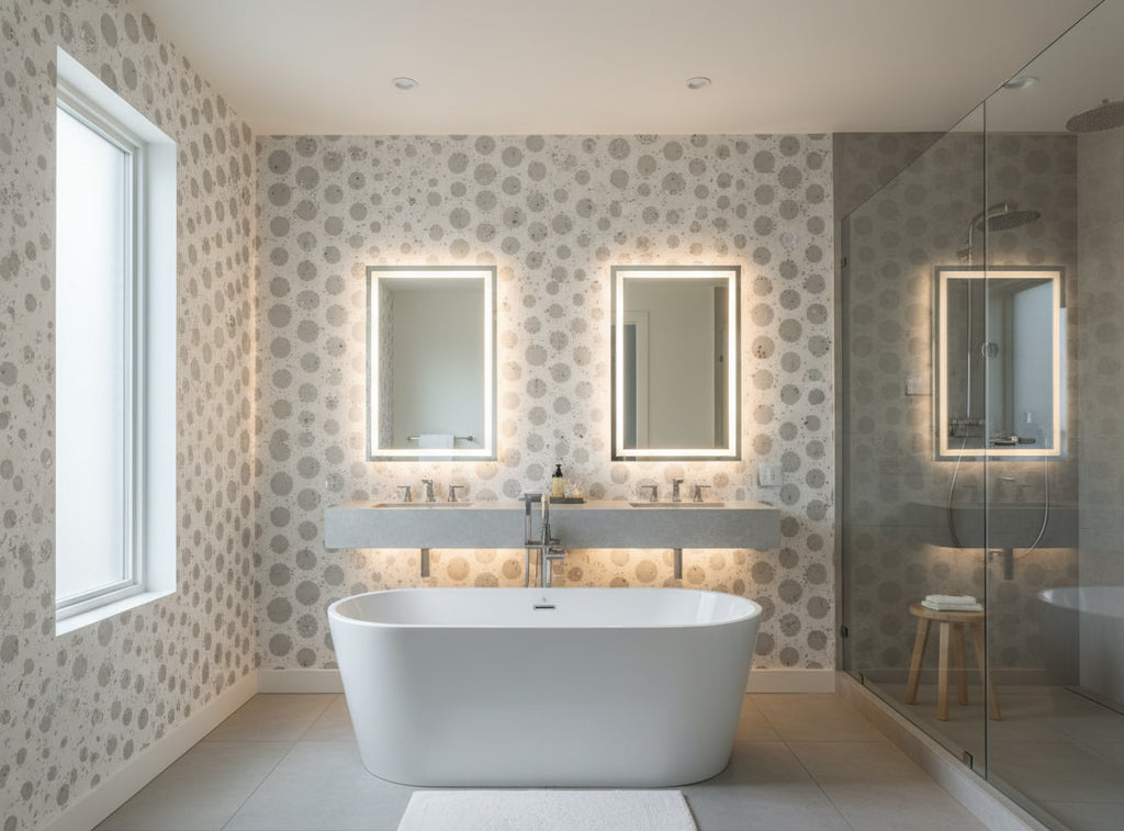 Bella Prato Metallic Modern Dots on Cork | Phillipe Romano - bathroom room setting