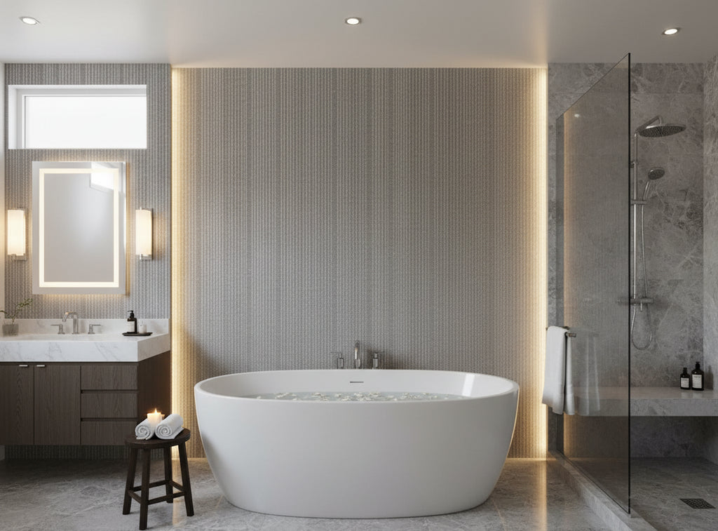 Bella Roma Mica Stripe | Phillipe Romano - bathroom room setting