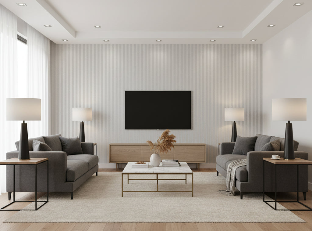Bella Salerno Stripe Modern Mica | Phillipe Romano - living room room setting