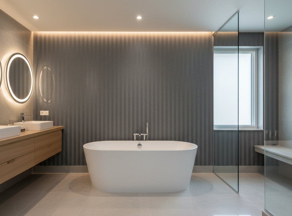 Bella Salerno Stripe Modern Mica | Phillipe Romano - bathroom room setting