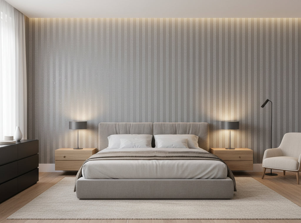 Bella Salerno Stripe Modern Mica | Phillipe Romano - bedroom room setting