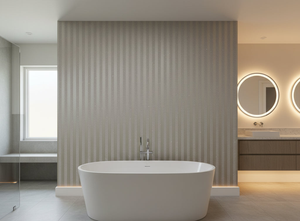 Bella Salerno Stripe Modern Mica | Phillipe Romano - bathroom room setting