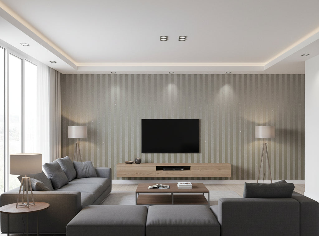 Bella Salerno Stripe Modern Mica | Phillipe Romano - living room room setting