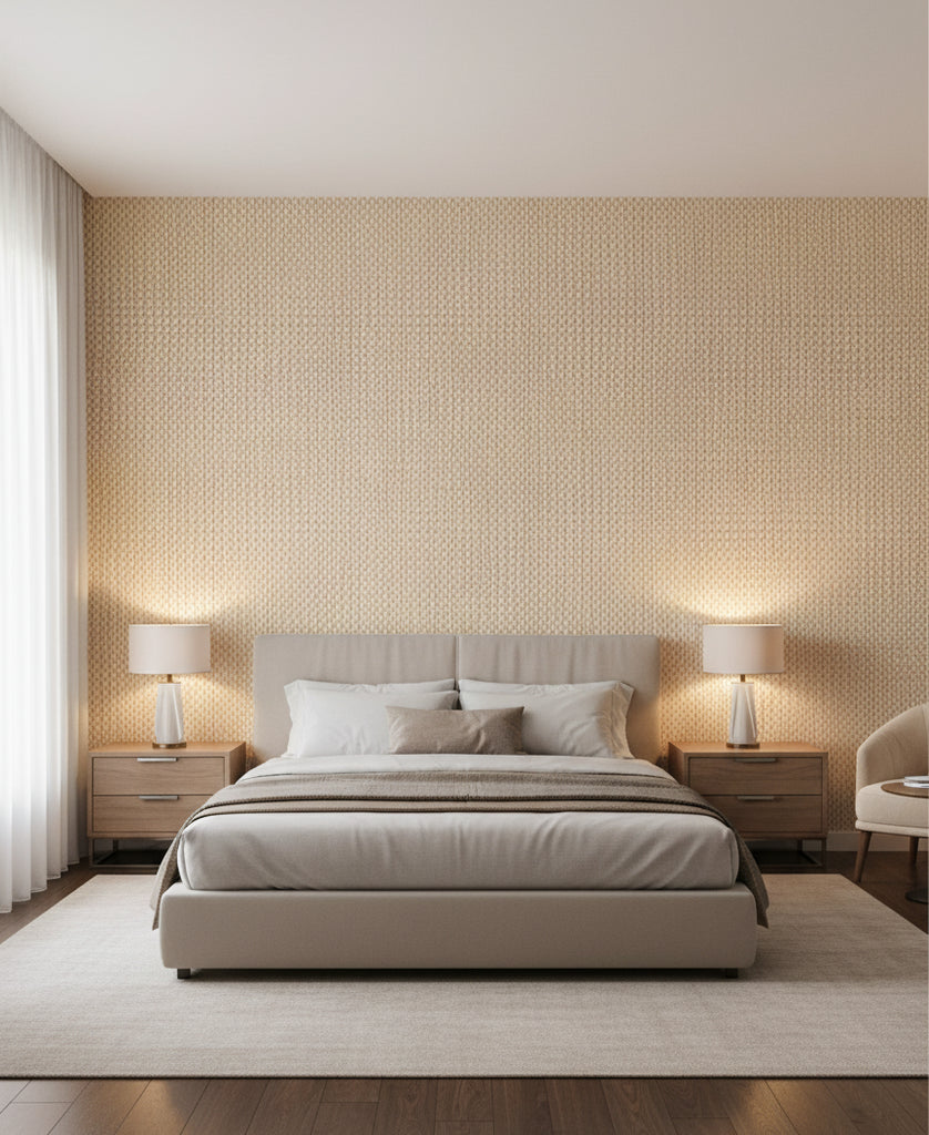 Bergamo Oat Basketweave Grasscloth Wallcovering | Fentucci - bedroom room setting