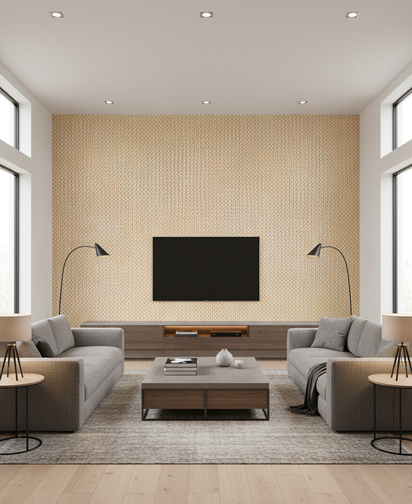 Bergamo Oat Basketweave Grasscloth Wallcovering | Fentucci - living room room setting