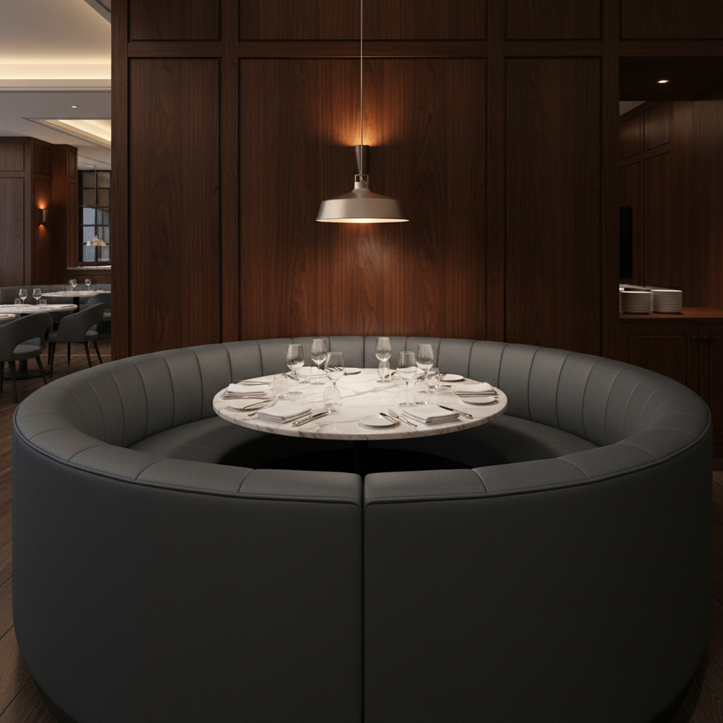 Fine Leather Grain Deep Charcoal Upholstered Banquette | Architectural Fabrics