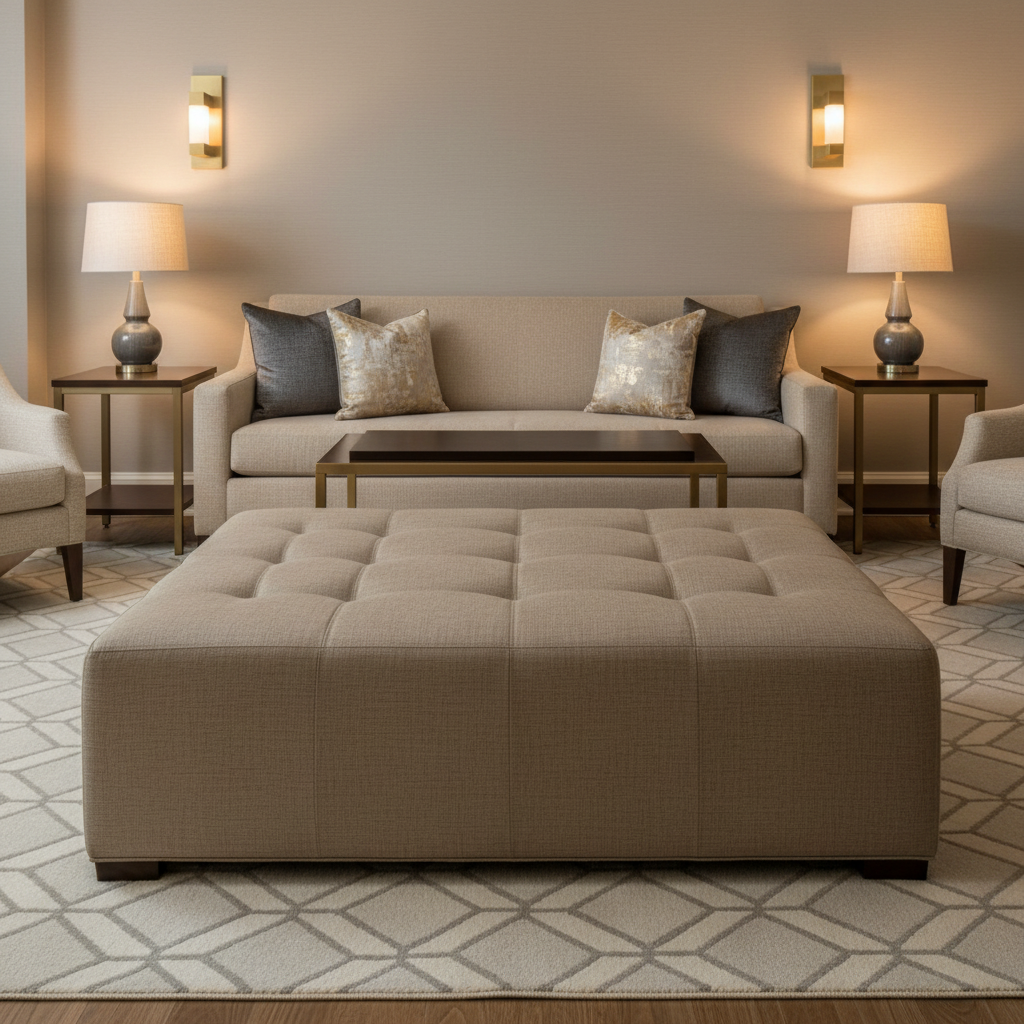 Brushed Linen Weave Mushroom Taupe Upholstered Ottoman | Architectural Fabrics
