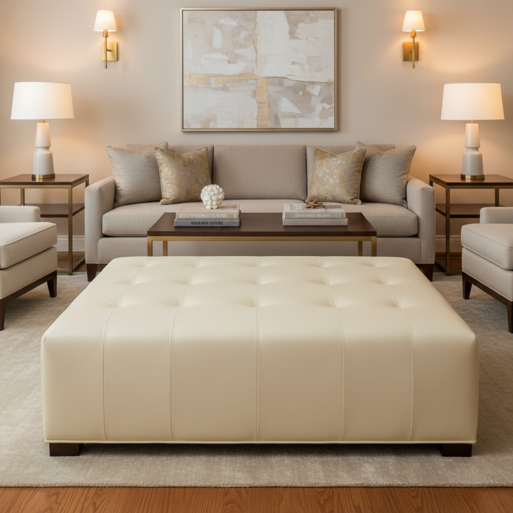 Smooth Pebble Grain Creamy Ivory Upholstered Ottoman | Architectural Fabrics