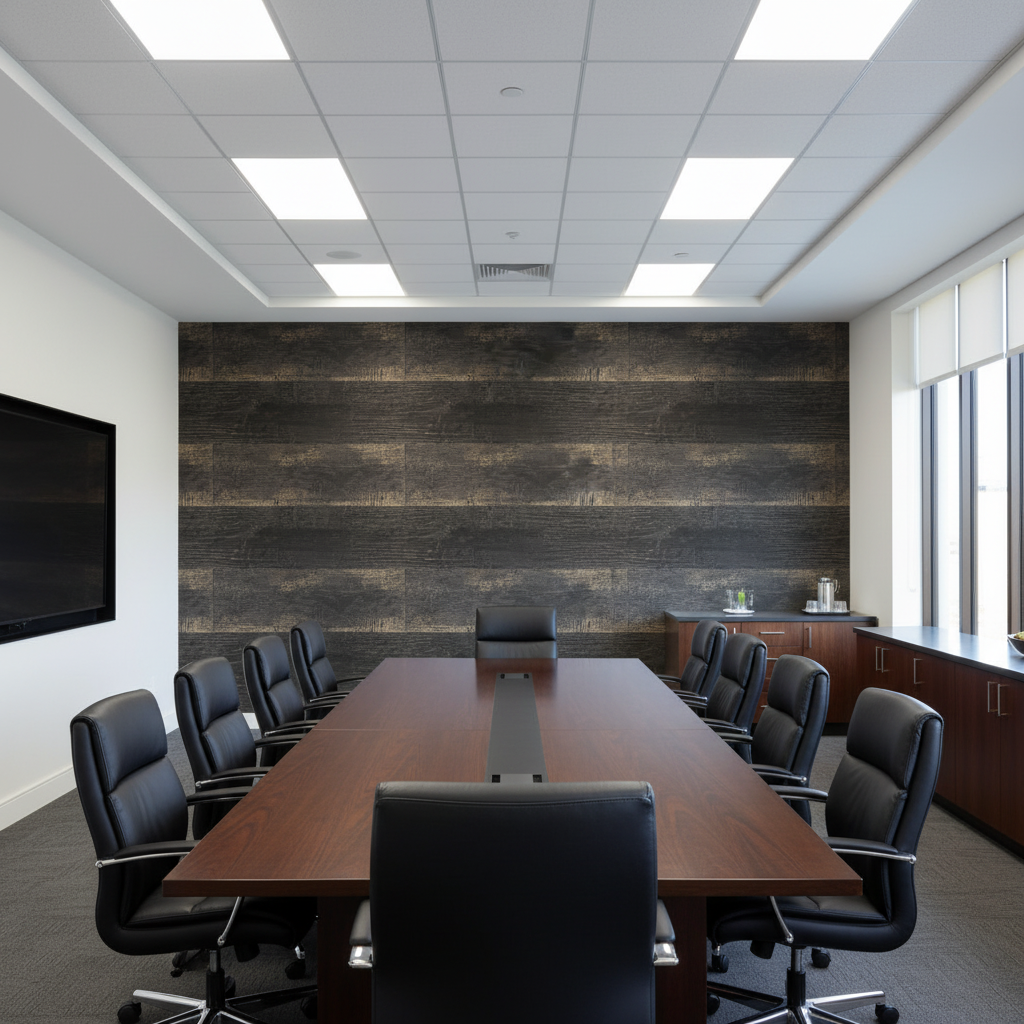 Bosa Marina Midnight Wood Plank | Hollywood Wallcoverings - Conference Room commercial room setting