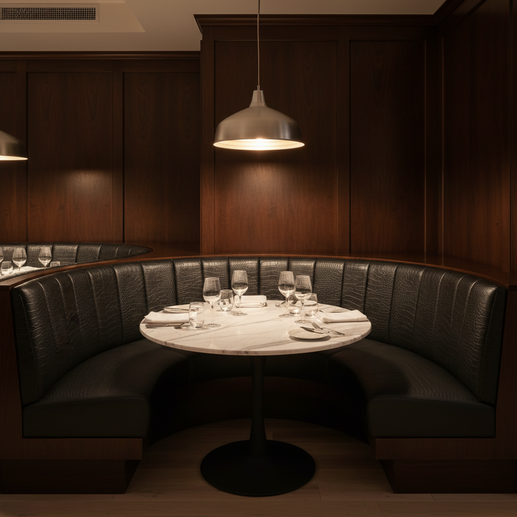 Embossed Reptile Scale Deep Charcoal Upholstered Banquette | Architectural Fabrics