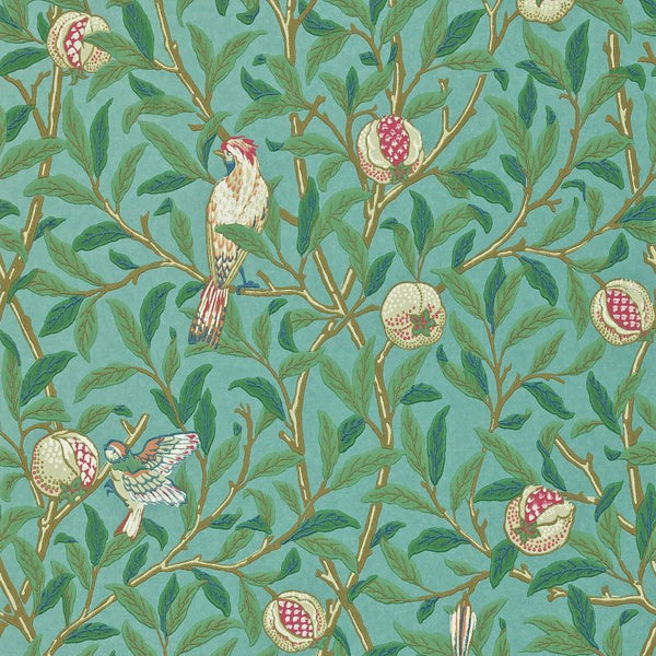 Bird & Pomegranate Coral Turquoise Wallcovering | William Morris