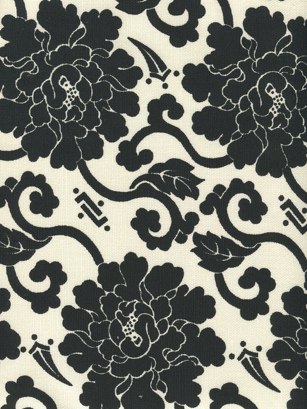 Florals Black on Tint Screen Printed - White Fabric | China Seas
