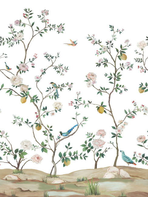 Blossom Chinoisserie Mural - Silver Grascloth Wallcovering