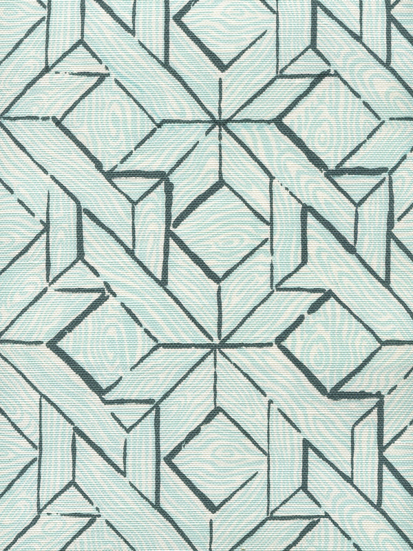 Parquetry Blue Turquoise on White Screen Printed Fabric | China Seas