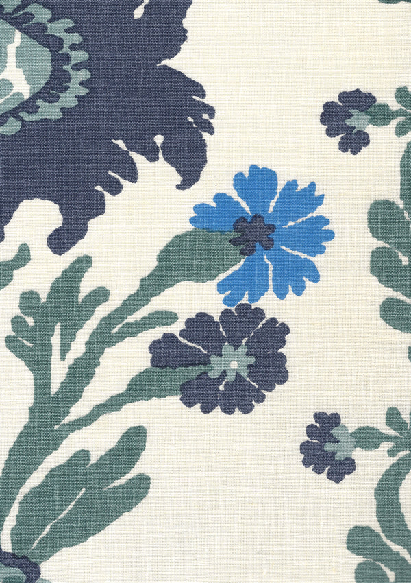 Henriot Floral, Blue/French Green on Ecru Wallcoverings | Quadrille