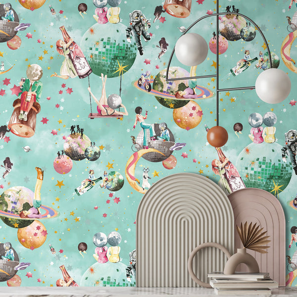 Cosmic Groove Aurora - Teal Wallcovering | Brand McKenzie