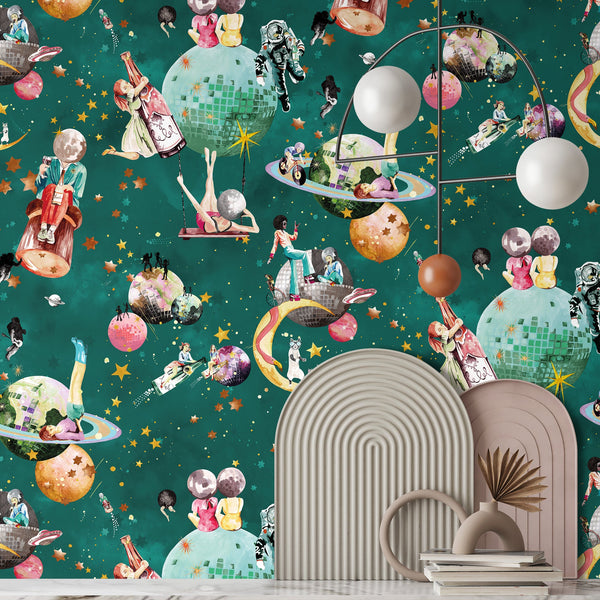 Cosmic Groove Aquamarine - Teal Wallcovering | Brand McKenzie